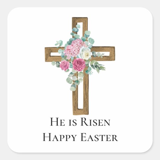 Religiöse Ostern Er ist Risen Wood Cross Bloral Quadratischer Aufkleber (Vorderseite)