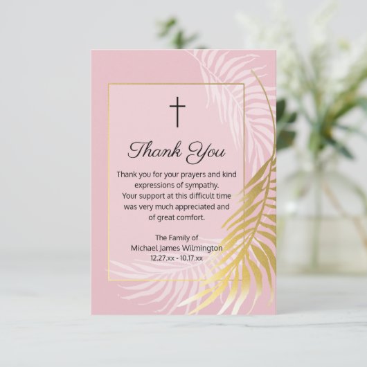 Religiöse Pink Palm Beerdigung Danke Note Card (Stehend Vorderseite)