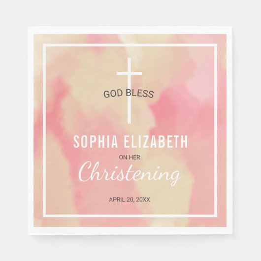 Religiöse Pink Watercolor Girl Christening Serviette (Vorderseite)