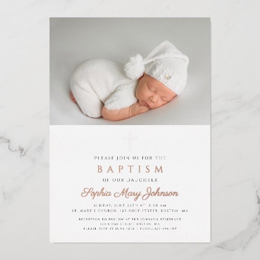 Religiöse Rose Gold Cross Girl Foto Taufe Folieneinladung (Vorderseite)