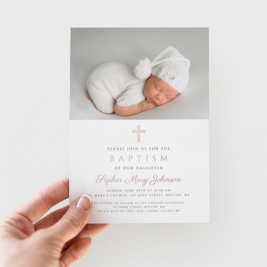 Religiöse Rose Gold Cross Girl Foto Taufe Folieneinladung