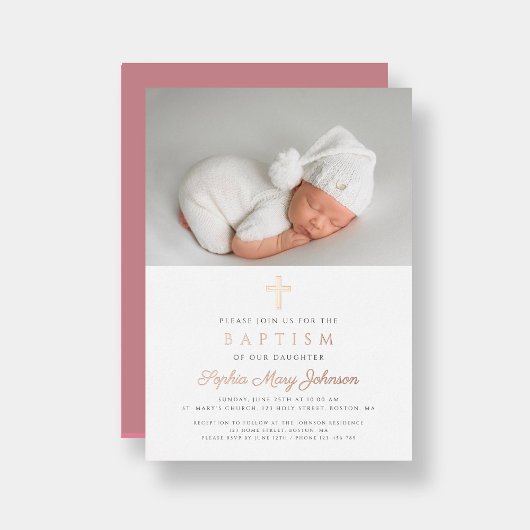 Religiöse Rose Gold Cross Girl Foto Taufe Folieneinladung