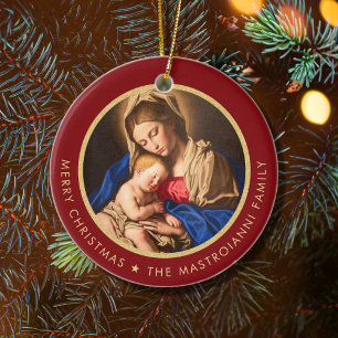 Religiöse Rote und Gold Madonna & Kind Weihnachten Keramik Ornament