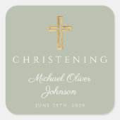 Religiöse Sage Green Wood Cross Christening Quadratischer Aufkleber (Vorderseite)