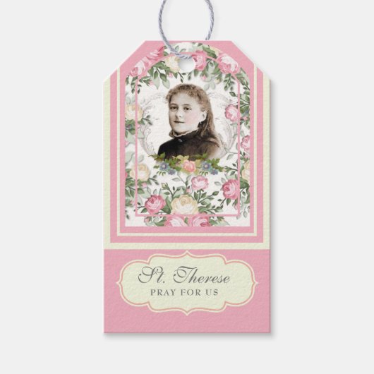 Religiöse St. Therese Vintag Pink Roses Gebet Geschenkanhänger (Vorderseite)