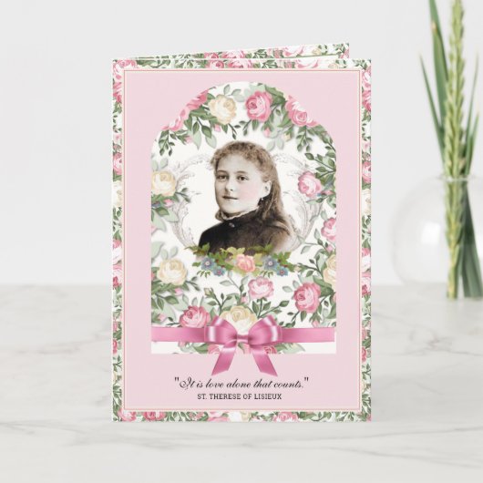 Religiöse St. Therese Vintag Pink Roses Gebet Karte (Vorderseite)