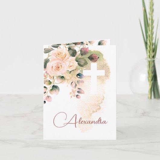 Religiöse Taufe Christening Foto Rose Rosa Einladung (Vorderseite)