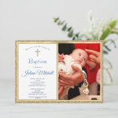 Religiöse Taufe Christening Gold Blue Baby Boy Einladung (Stehend Vorderseite)
