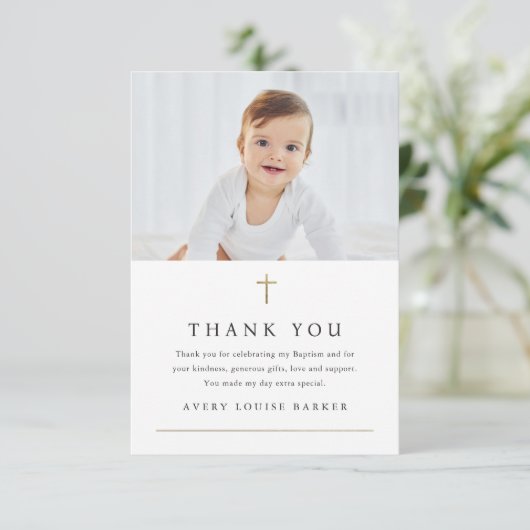 Religiöse Taufe im einfachen Foto des Goldenen Kre Dankeskarte (Stehend Vorderseite)