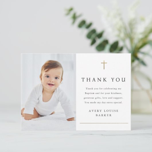 Religiöse Taufe im einfachen Foto des Goldenen Kre Dankeskarte (Stehend Vorderseite)