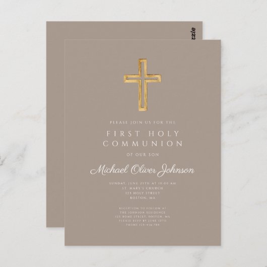 Religiöse Taupe Beige Boy First Communion Postkarte (Vorne/Hinten)