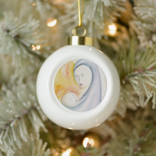 Religiöse Weihnachts-Madonna-und-Kind-Wasserfarbe Keramik Kugel-Ornament