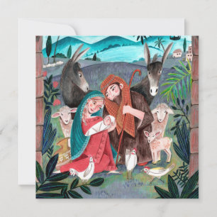 Religiöse Weihnachtskrippe blau, rote Maria & Jose Feiertagskarte