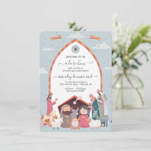 Religiöse Weihnachtskrippe Party Einladung (Stehend Vorderseite)