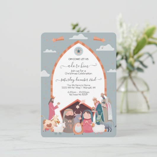 Religiöse Weihnachtskrippe Party Einladung (Stehend Vorderseite)