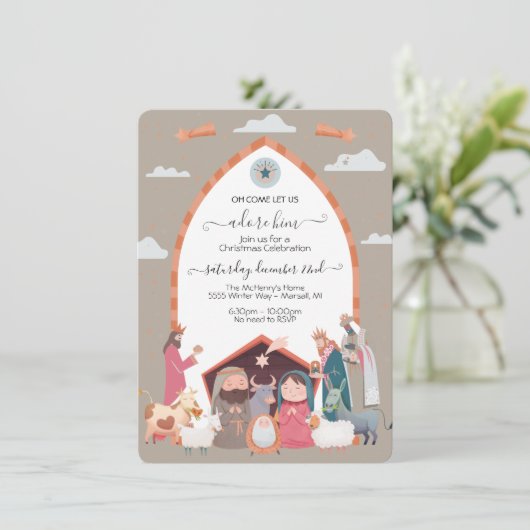 Religiöse Weihnachtskrippe Party Einladung (Stehend Vorderseite)