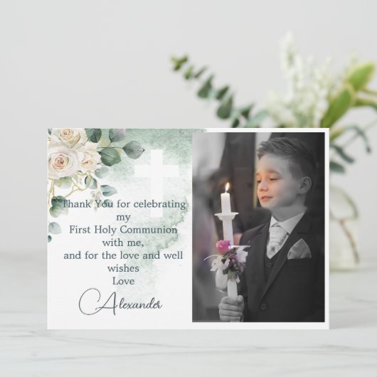 Religiöser Dank Foto Gold Rose Grün Einladung (Stehend Vorderseite)