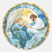 Religiöser Engel Buntglas-Feiertag Blau Runder Aufkleber (Vorderseite)
