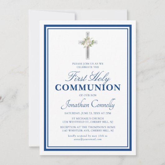 Religiöser Junge Silver Blue Erste Heilige Kommuni Einladung (Vorderseite)