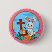 Religiöser Osterhase mit Kreuz und Blumenei Button (Vorderseite)