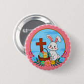 Religiöser Osterhase mit Kreuz und Blumenei Button (Vorne & Hinten)