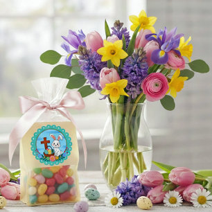 Religiöser Osterhase mit Kreuz und Blumenei Runder Aufkleber