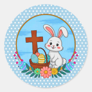 Religiöser Osterhase mit Kreuz und Blumenei Runder Aufkleber
