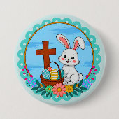 Religiöser Osterhase mit Kreuz und floralem Ei Button (Vorderseite)