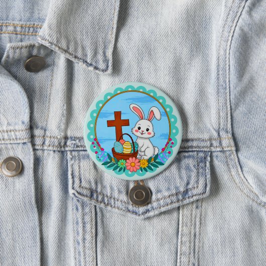 Religiöser Osterhase mit Kreuz und floralem Ei Button (Beispiel)