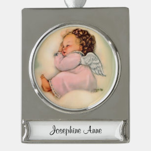 Religiöses Baby Mädchen Engel Schläft Banner-Ornament Silber