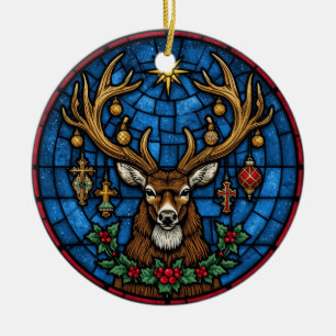 Religiöses Buntglas-Hirsch & Kreuz Keramik Ornament