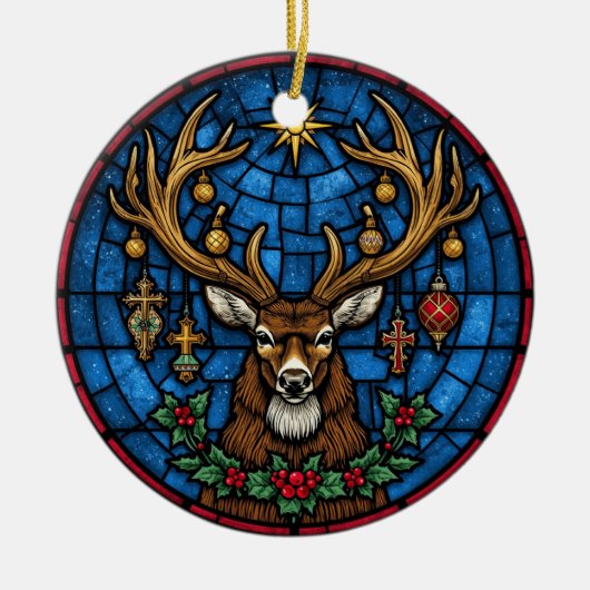 Religiöses Buntglas-Hirsch & Kreuz Keramik Ornament (Vorne)