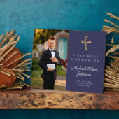 Religiöses Cross First Communion Boy Foto Blue Fotoplatte (Seite)
