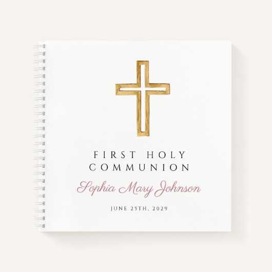 Religiöses Cross Pink First Communion Gästebuch Notizblock (Vorderseite)