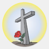 Religiöses Grabkreuz mit roter Rose Runder Aufkleber (Vorderseite)
