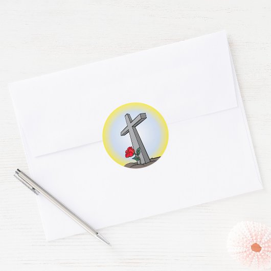 Religiöses Grabkreuz mit roter Rose Runder Aufkleber