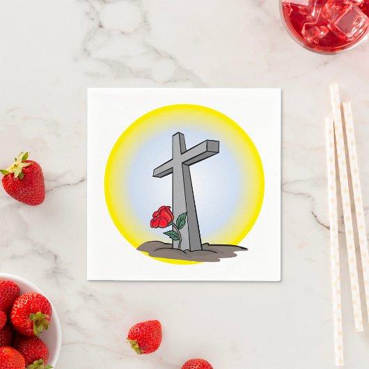 Religiöses Grabkreuz mit roter Rose Serviette