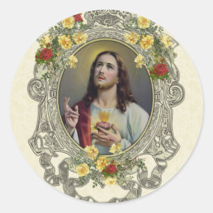 Religiöses Heiliges Herz Jesus Vintage Rose Runder Aufkleber
