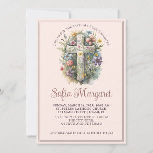 Religiöses Kreuz Aquarell Blumen Mädchen Taufe   Einladung