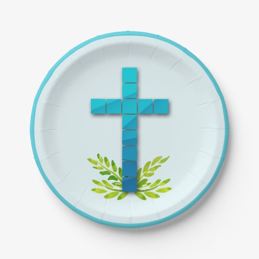 Religiöses Kreuz auf blau Pappteller (Vorderseite)