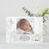 Religiöses Lamm, Kreuz, blaue Blumenfotokarte Dankeskarte (Stehend Vorderseite)