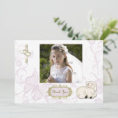 Religiöses Lamm, Kreuz, Lila Blumenfotokarte Dankeskarte (Stehend Vorderseite)