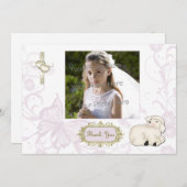 Religiöses Lamm, Kreuz, Lila Blumenfotokarte Dankeskarte (Vorne/Hinten)