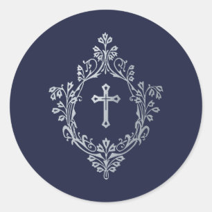 Religiöses Marineblau Falsches Silberkreuz im Wapp Runder Aufkleber