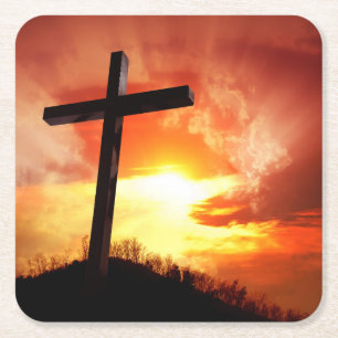 Religiöses Osterkreuz bei Sonnenuntergang Rechteckiger Pappuntersetzer