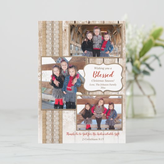 Religiöses rustikales Holz 3 Foto Weihnachtskarte (Stehend Vorderseite)