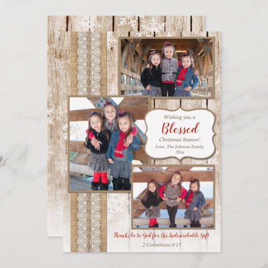 Religiöses rustikales Holz 3 Foto Weihnachtskarte (Vorne/Hinten)