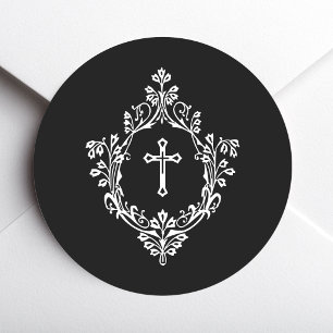 Religiöses Schwarz-Weiß-Kreuz im vintage Wappen  Runder Aufkleber