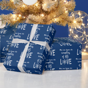 Religiöses Weihnachtsangebot auf blau Geschenkpapier