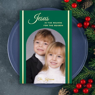 Religiöses Weihnachtsfoto Jesus Smaragd Gold Folieneinladung
